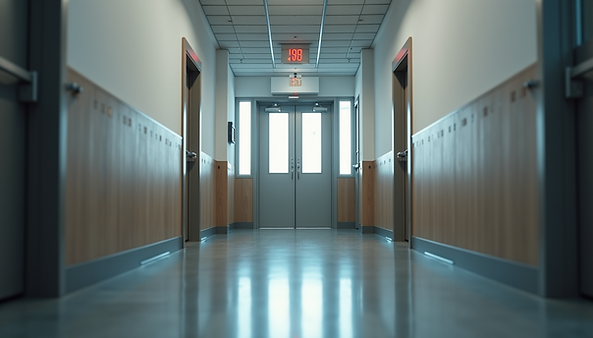 Eye-level view of a steel fire rated door installed in a commercial building corridor