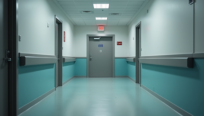 Eye-level view of a steel fire rated door installed in a hospital corridor